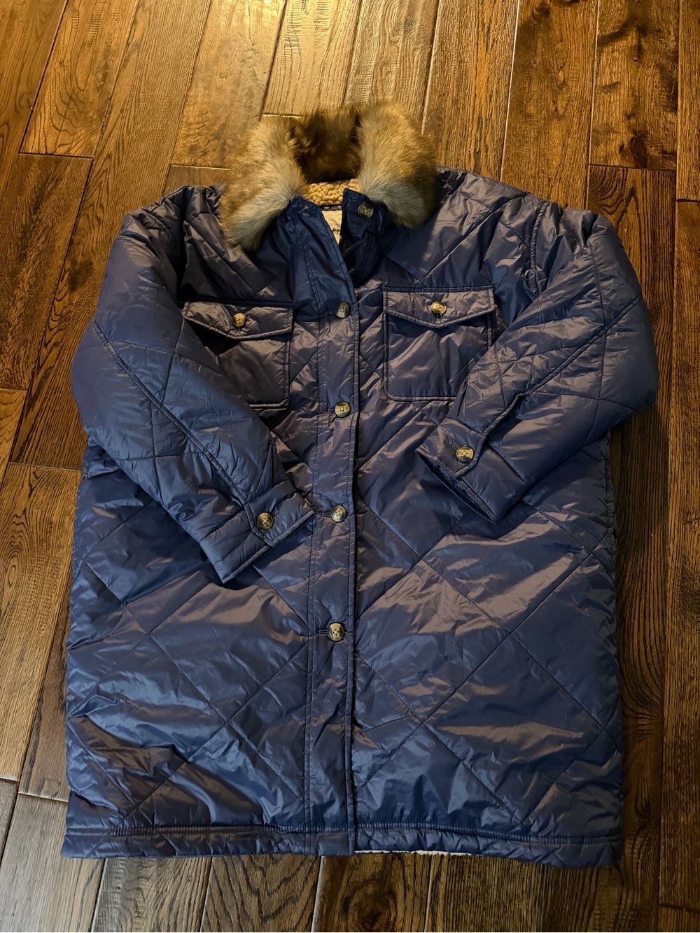 NWOT AERIE Navy Quilted Long Puffer Jacket with Faux Fur Collar Size L - Picture 7 of 15